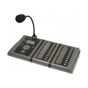 Portable dictation transcription device with flexible microphone and two button-panel sections for playback control.