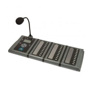 Gray four-slot dictation transcription console with attached gooseneck microphone.