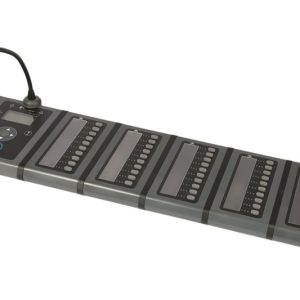 Gray modular conference microphone system with a gooseneck mic and multiple panel modules with displays.