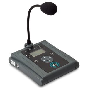 Tabletop conference microphone with flexible gooseneck and control panel, gray chassis, digital display, and circular blue power button.