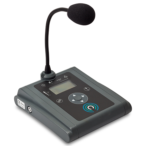 Asl Mps01-G0-An Tabletop conference microphone with flexible gooseneck and control panel, gray chassis, digital display, and circular blue power button.