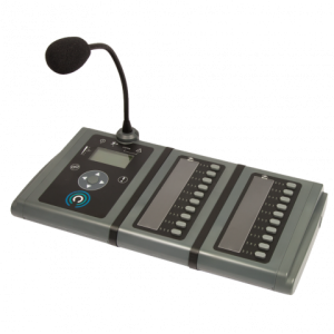 Conference microphone system with gooseneck mic and dual control panels with display and many buttons.