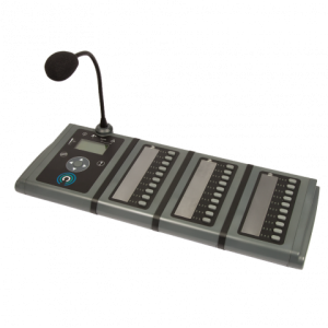 Grey multi-channel conference microphone base with gooseneck mic and three segmented control panels.
