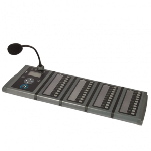 Conference microphone system with a flexible gooseneck mic and a long multi-button control surface.