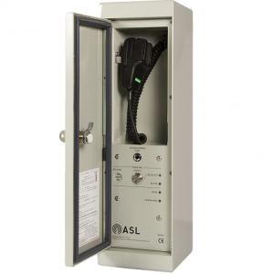 ASL wall-mounted communication cabinet with handheld radio and labeled control panel