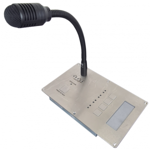 Brushed metal conference microphone base with flexible gooseneck, large black mic head, and control panel.