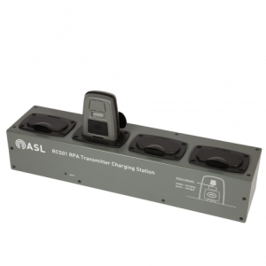 ASL RCS01 RPA Transmitter Charging Station with three battery bays and a central handheld transmitter.
