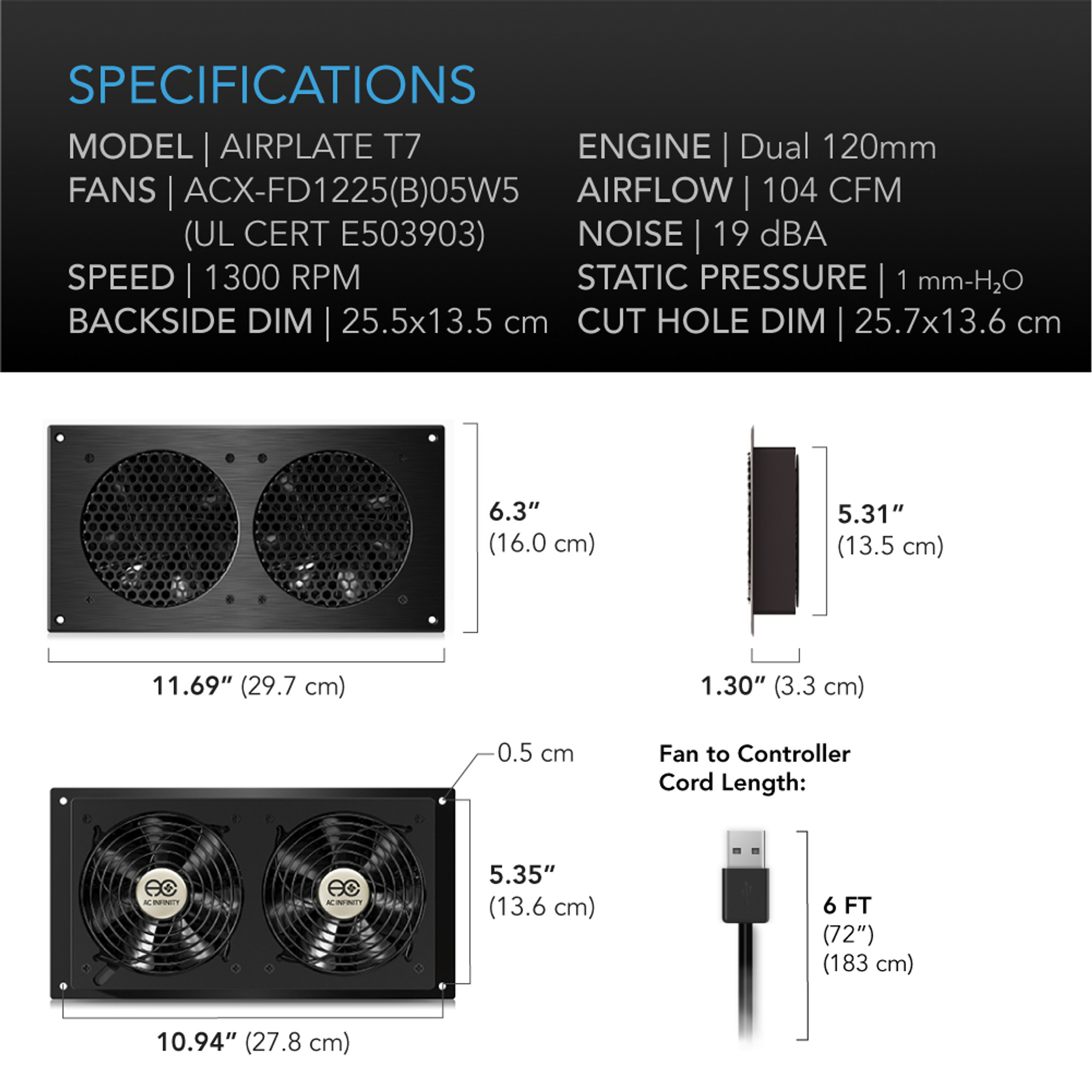 Ac Infinity Airplate T7 Ac infinity airplate t7 dual 120mm fan cooling panel with two circular fans and 11. 69 by 10. 94 inches dimensions.