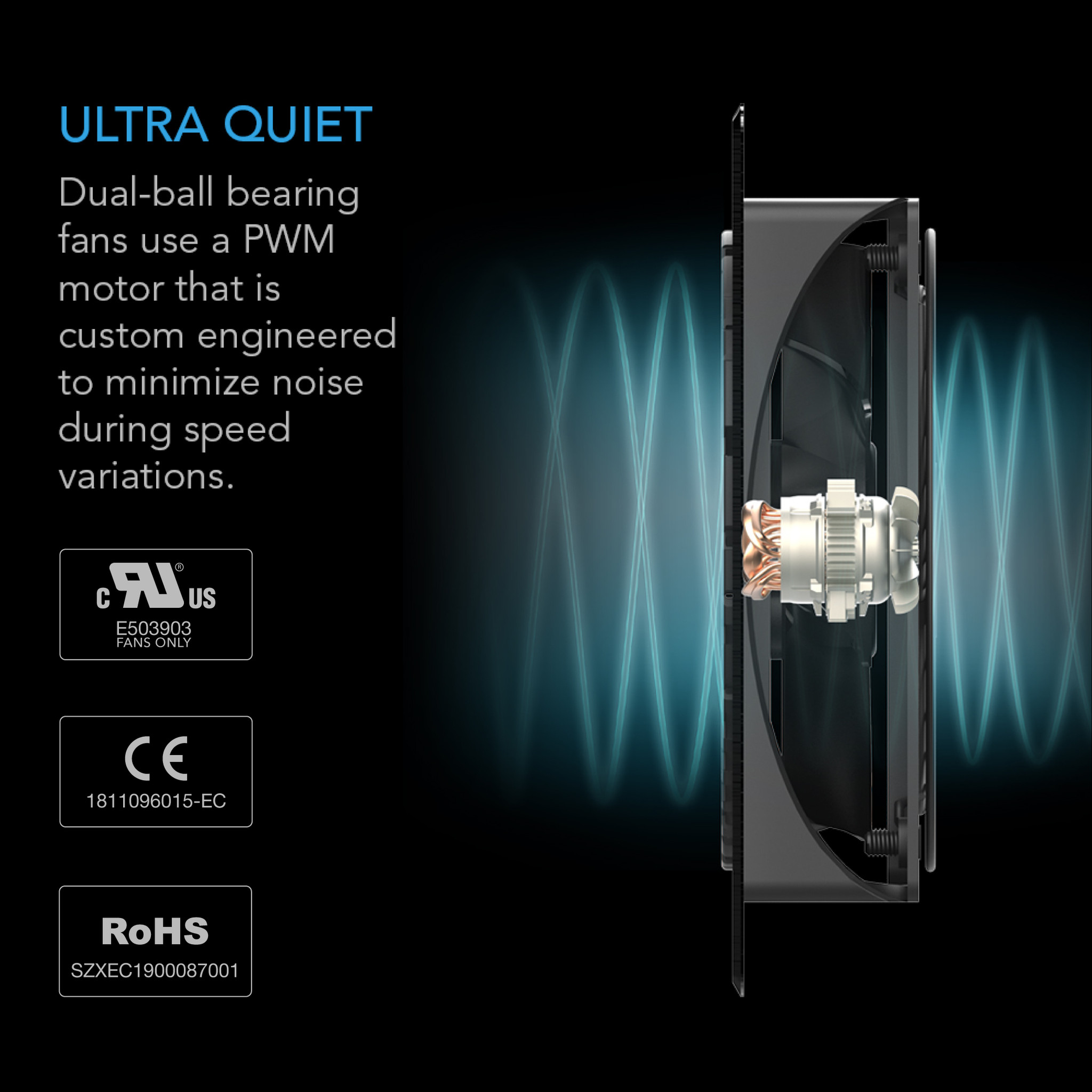 Ac Infinity Airplate T7 Cross-sectional view of an ultra-quiet dual-ball-bearing computer cooling fan with pwm motor.