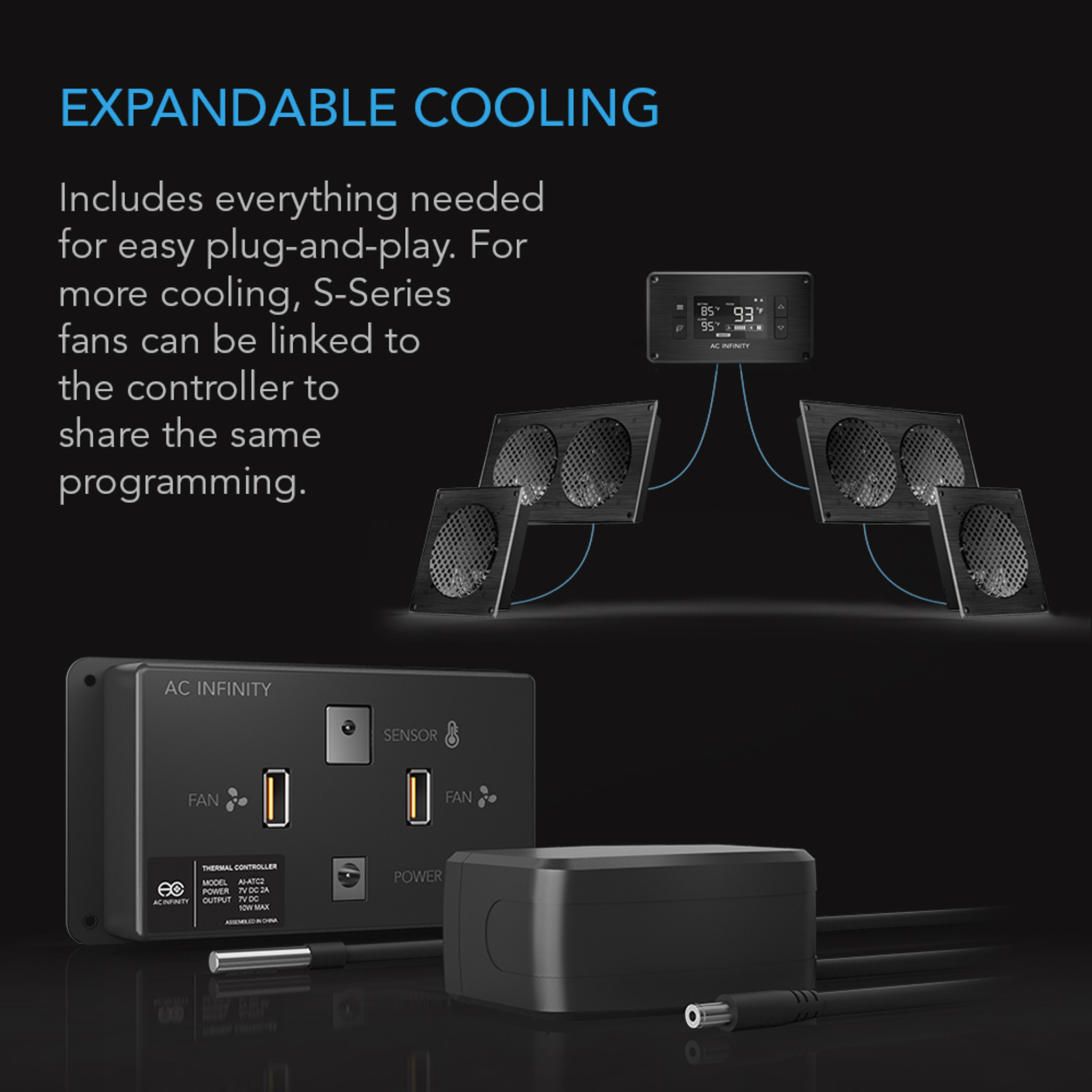Ac Infinity Airplate T7 Ac infinity expandable cooling system with multiple fans connected to a central control unit.