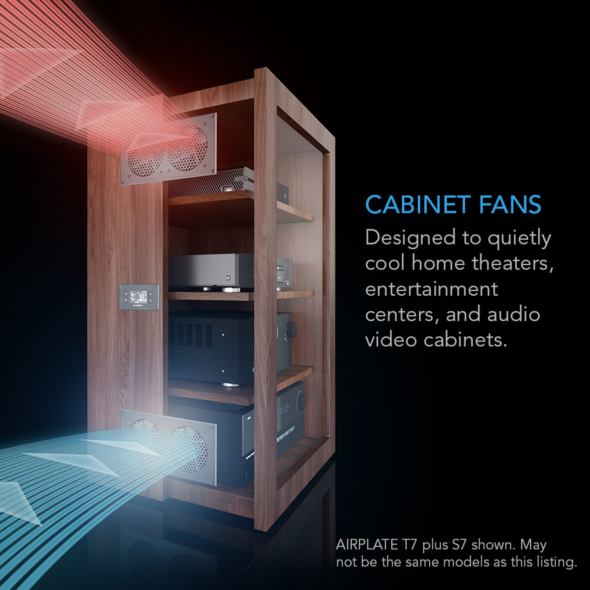 Ac Infinity Airplate T7 Wooden cabinet housing airplate t7/s7 cabinet fans with visible internal components and blue airflow graphics.