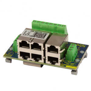 Industrial 4-port Ethernet switch module with shielded RJ45 connectors and green screw-terminal power inputs on a compact PCB.
