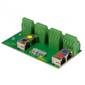 PCB breakout board with four green screw-terminal blocks and two USB-A receptacles.
