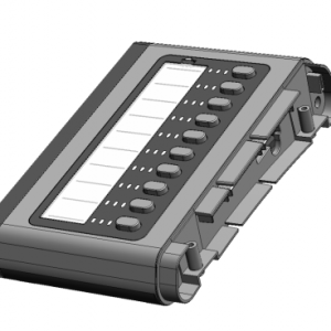 Industrial handheld controller with LCD display and multiple circular buttons and side connectors.