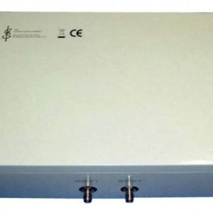 Rectangular metal electronic enclosure with two front RF connectors and CE certification marks.