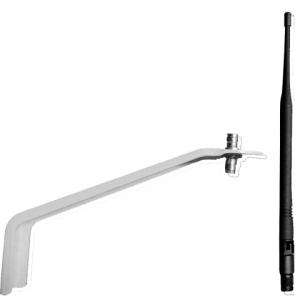 L-shaped metal clamp with adjustable knob, alongside a black cylindrical rod.