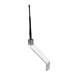 Wireless antenna attached to a white rectangular sensor module on an angled mounting bracket.