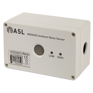 ASL ANS04ES Ambient Noise Sensor in a white enclosure with mic grille, label, and two indicators labeled LOW and HIGH.