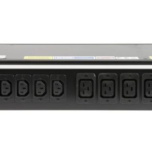 Rack-mounted power distribution unit with multiple NEMA outlets on the front and a large control knob on the right.