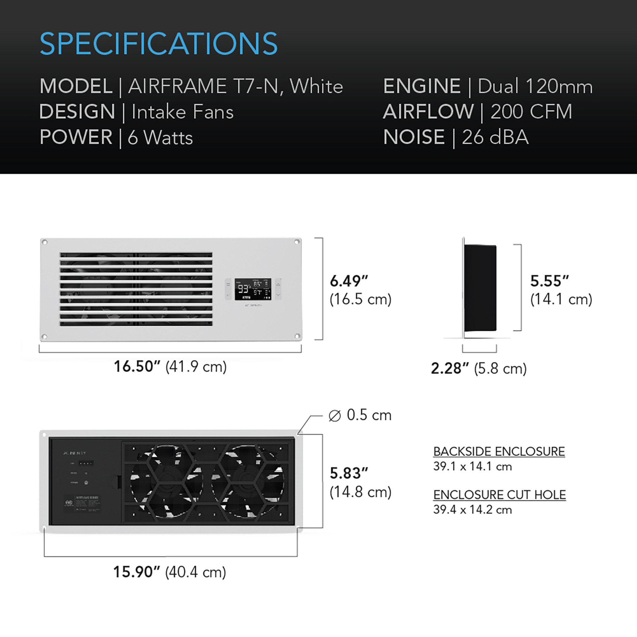 Ac Infinity Airframe T7-N Airframe t7-n white enclosure with dual 120mm fans, 200 cfm, 26 dba, front vent and lcd display.