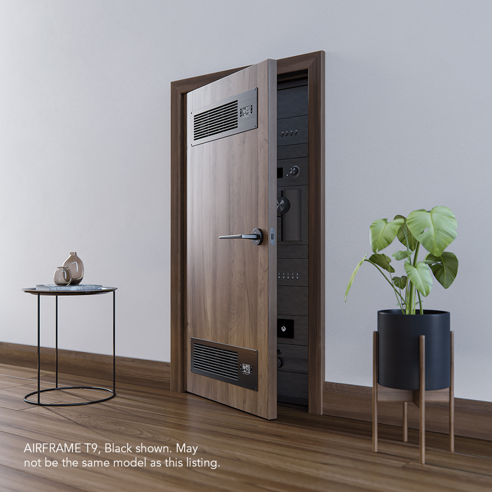 Ac Infinity Airframe T7-N Airframe t9 wooden door with stainless steel vent panel and internal electronics, shown slightly open in a modern living room.