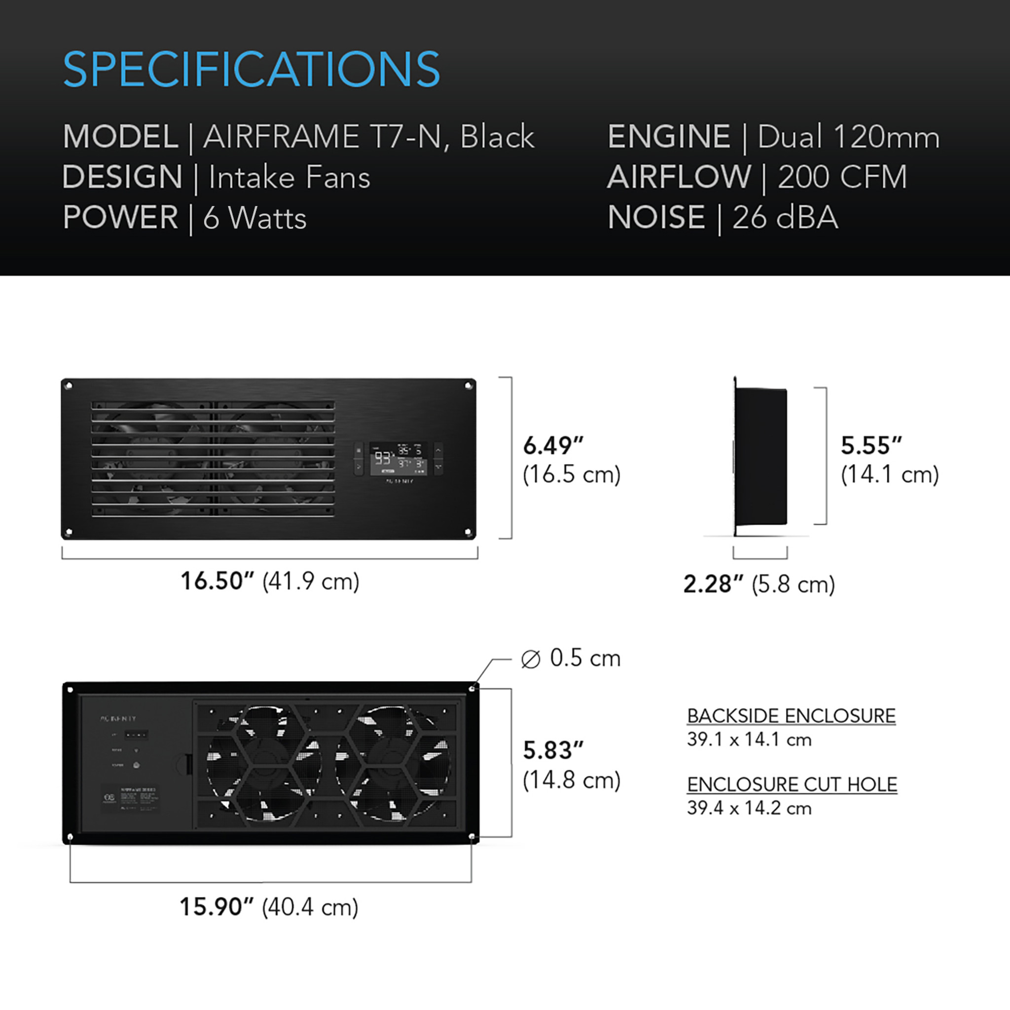 Ac Infinity Airframe T7-N Airframe t7-n black enclosure with dual 120mm intake fans, 200 cfm airflow, 26 dba noise, and a front display panel.