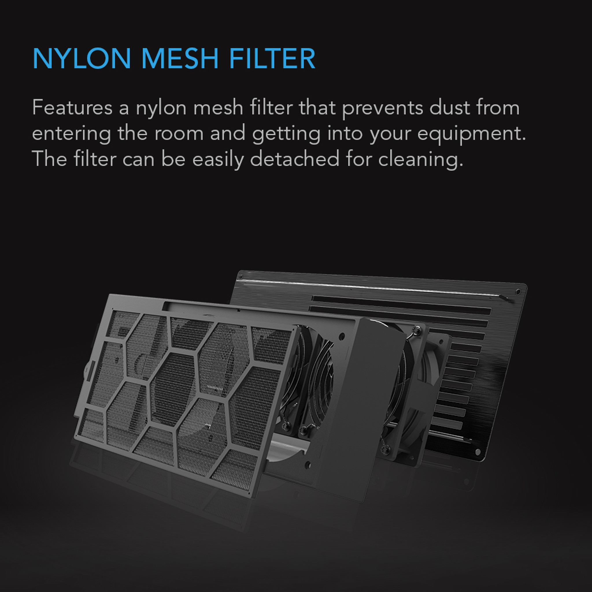 Ac Infinity Airframe T7-N Nylon mesh filter panel with hexagonal frame, removable for cleaning, designed to prevent dust from entering equipment.