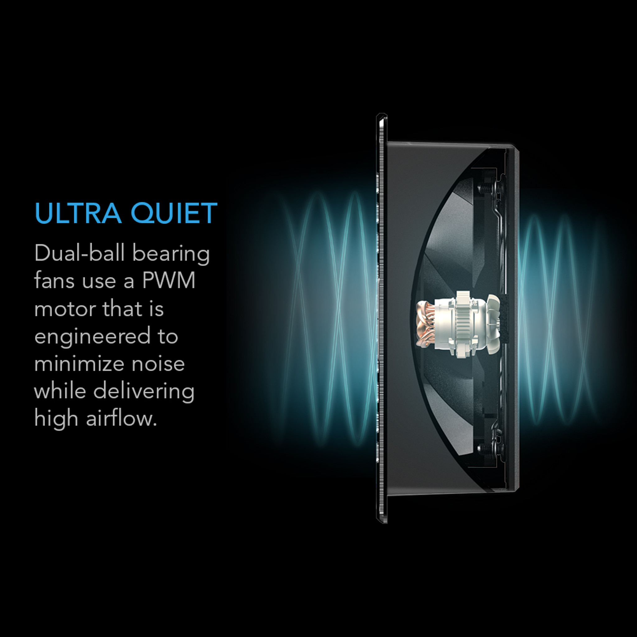 Ac Infinity Airframe T7-N Pc cooling fan with dual ball bearings and pwm motor for quiet, high airflow cooling.