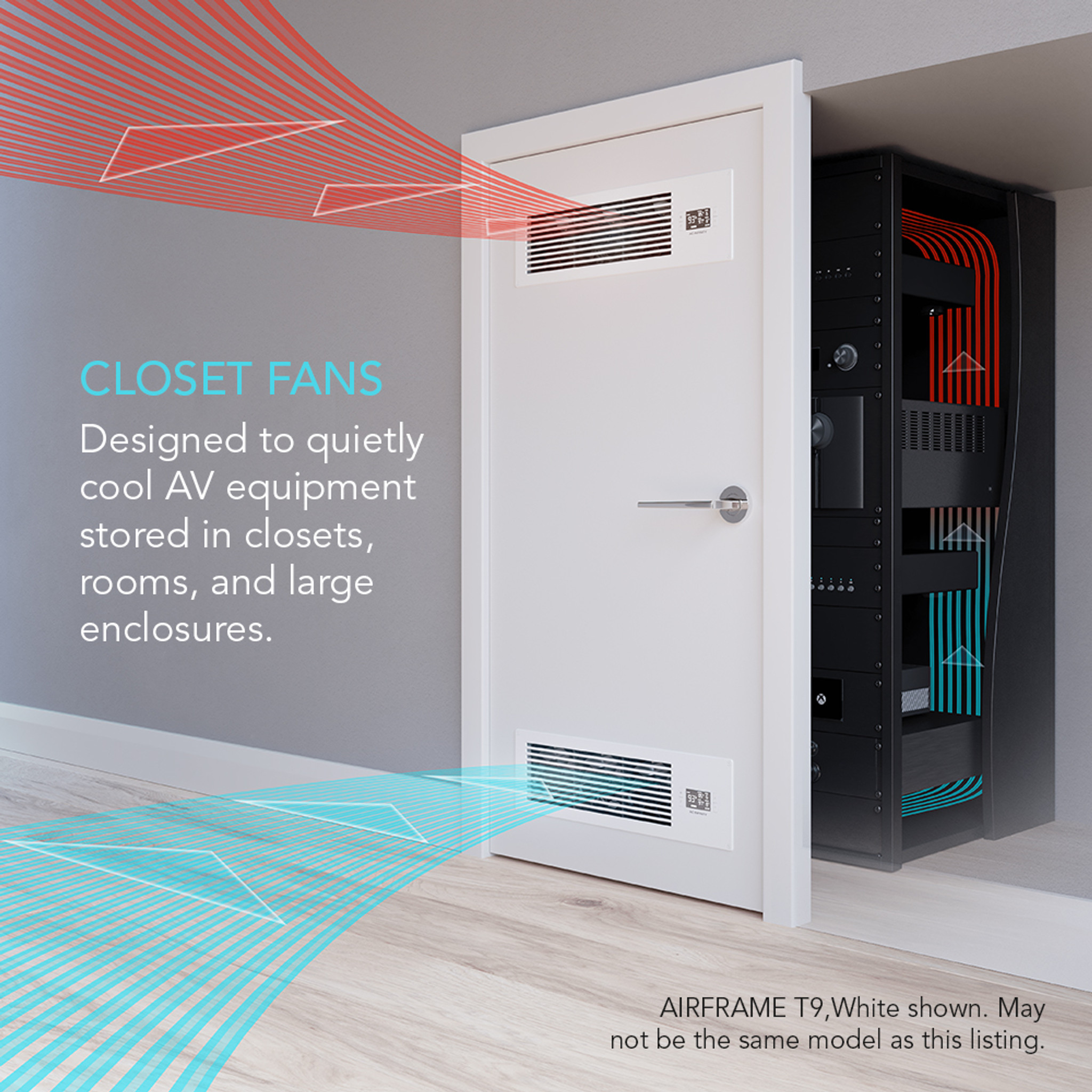 Ac Infinity Airframe T7-N Airframe t9 closet fan in a white enclosure cooling av equipment with red airflow lines.