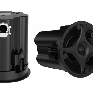 Sonance in-wall speaker components kit with round black drivers, cylindrical mounting housing, and white fabric grille.