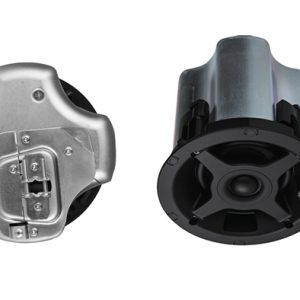 Set of four loudspeaker components: round drivers with backplate and perforated circular grille.