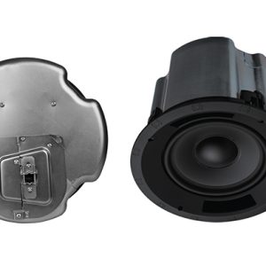 Set of four round in-ceiling speaker components: black woofer, metal back housing, and white grille.