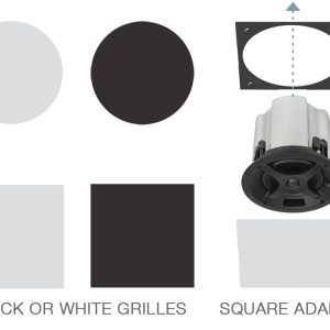 Ceiling speaker with square adapter plate, round driver, and optional black or white grille panels.