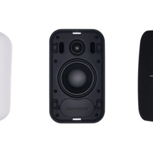 Sonance wireless speakers in white and black with fabric grilles; some units show internal mounting hardware.