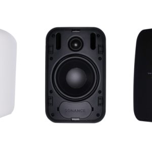 Sonance speaker system with white grille and black woofer, branding visible on front panel.