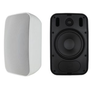 Lineup of six compact studio monitor speakers in white and black finishes with removable grilles.