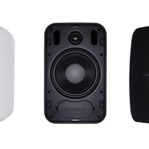 Five Sonance speakers with removable front panels, showing white and black enclosures and exposed drivers.