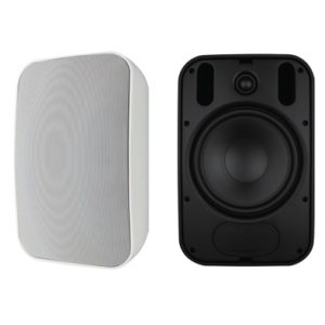 Six compact bookshelf speakers in white and black finishes with black front panels and removable grilles.