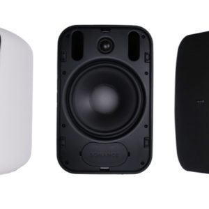 Five Sonance speakers in white and black finishes, featuring fabric-covered fronts and exposed-back driver assemblies.