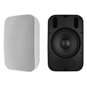 Row of six compact studio monitor speakers in black and white finishes, each with a single round woofer.