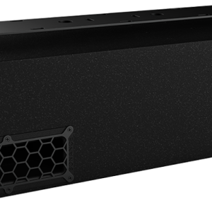 Black rack-mount audio amplifier chassis with hexagonal side vent, textured finish and mounting ears.