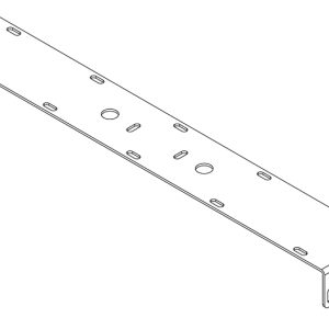 Long metal perforated mounting bracket with oval slots, circular holes, and end flanges.