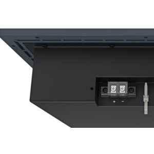 LED panel light with white square cover and black chassis, showing dimmable driver and terminal block.