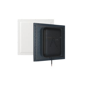 Sonance in-wall speaker with blue frame and black mesh grille, wired with red and black leads.