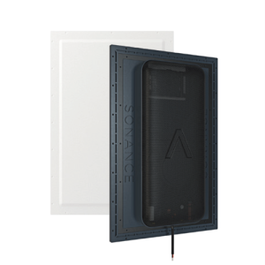 Sonance in-wall speaker with black mesh grille in a blue mounting frame.