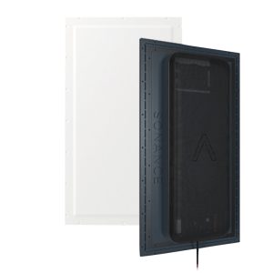Sonance in-wall speaker with blue frame and black mesh grille mounted on a white panel.