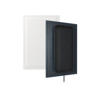 Sonance in-wall speaker with blue mounting frame, black fabric grille, and visible wiring.