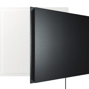 Black flat-panel display mounted on a white backing panel, with a visible hanging cable.