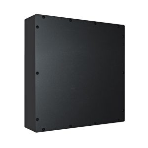 Black square metal enclosure with a screw-fastened cover and visible perimeter screws.