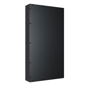 Black metal wall-mounted electrical enclosure with a screw-fastened front panel.